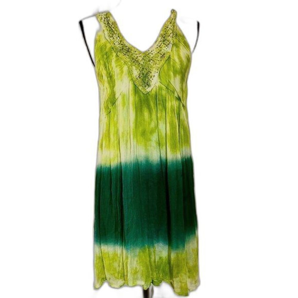 Vintage Alberto Makali Y2K Green Tie Dye Sheer Beaded Halter Hi-Low Dress L